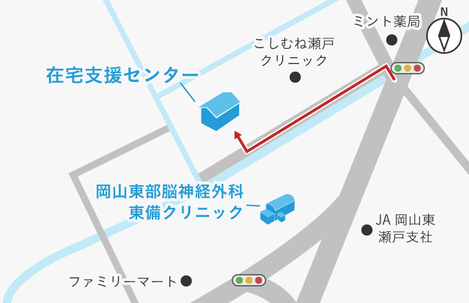 地図：在宅支援センターは東備クリニックの裏手にあります。